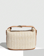 Mini Chevron Pattern Woven Straw Handbag With Adjustable Strap - White/Brown