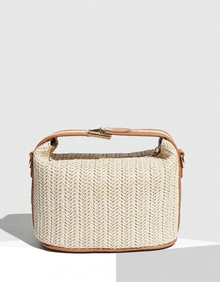 Mini Chevron Pattern Woven Straw Handbag With Adjustable Strap - White/Brown