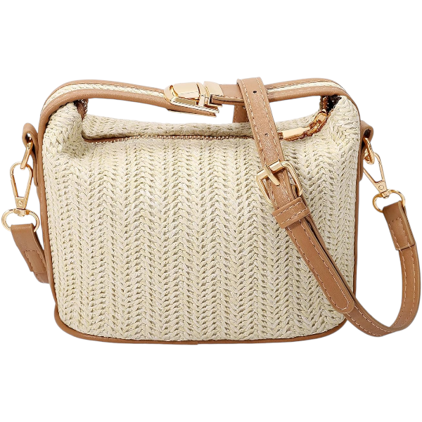 Mini Chevron Pattern Woven Straw Handbag With Adjustable Strap - White/Brown