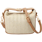 Mini Chevron Pattern Woven Straw Handbag With Adjustable Strap - White/Brown