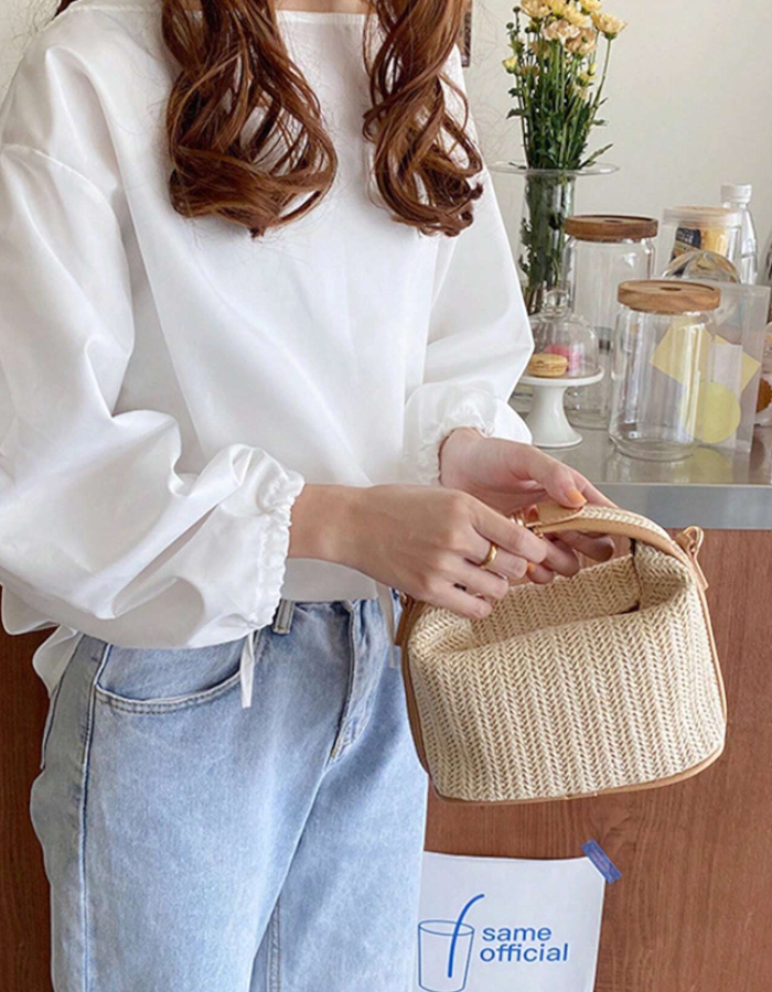 Mini Chevron Pattern Woven Straw Handbag With Adjustable Strap - White/Brown