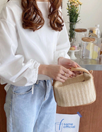 Mini Chevron Pattern Woven Straw Handbag With Adjustable Strap - White/Brown