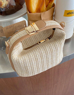 Mini Chevron Pattern Woven Straw Handbag With Adjustable Strap - White/Brown