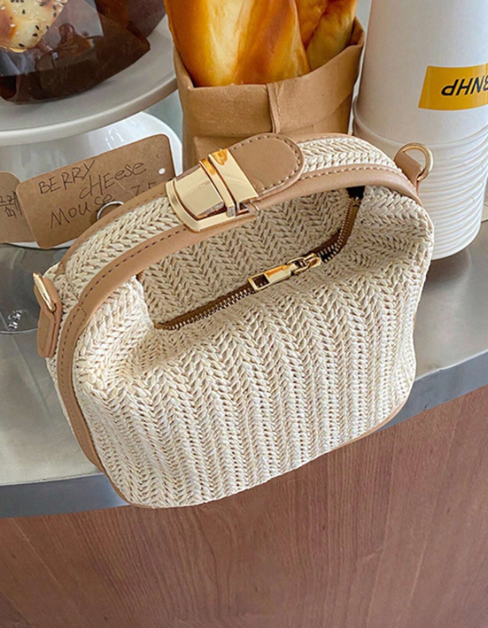 Mini Chevron Pattern Woven Straw Handbag With Adjustable Strap - White/Brown