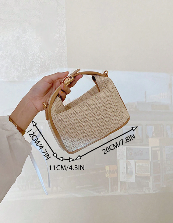 Mini Chevron Pattern Woven Straw Handbag With Adjustable Strap - White/Brown
