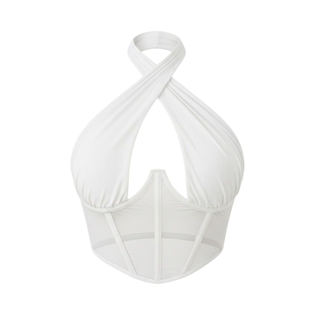 Cross-Neck Halter Mesh Corset Top