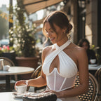 Cross-Neck Halter Mesh Corset Top
