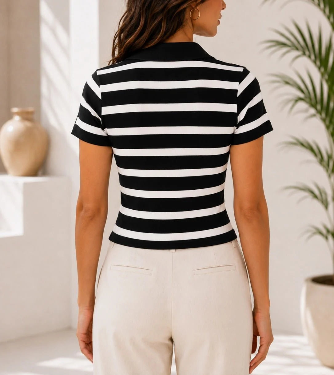 Collar Zip Stripe Top