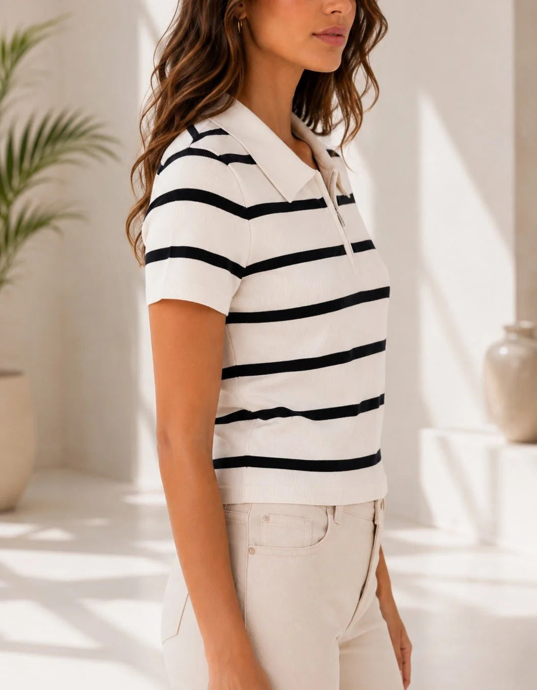 Collar Zip Stripe Top