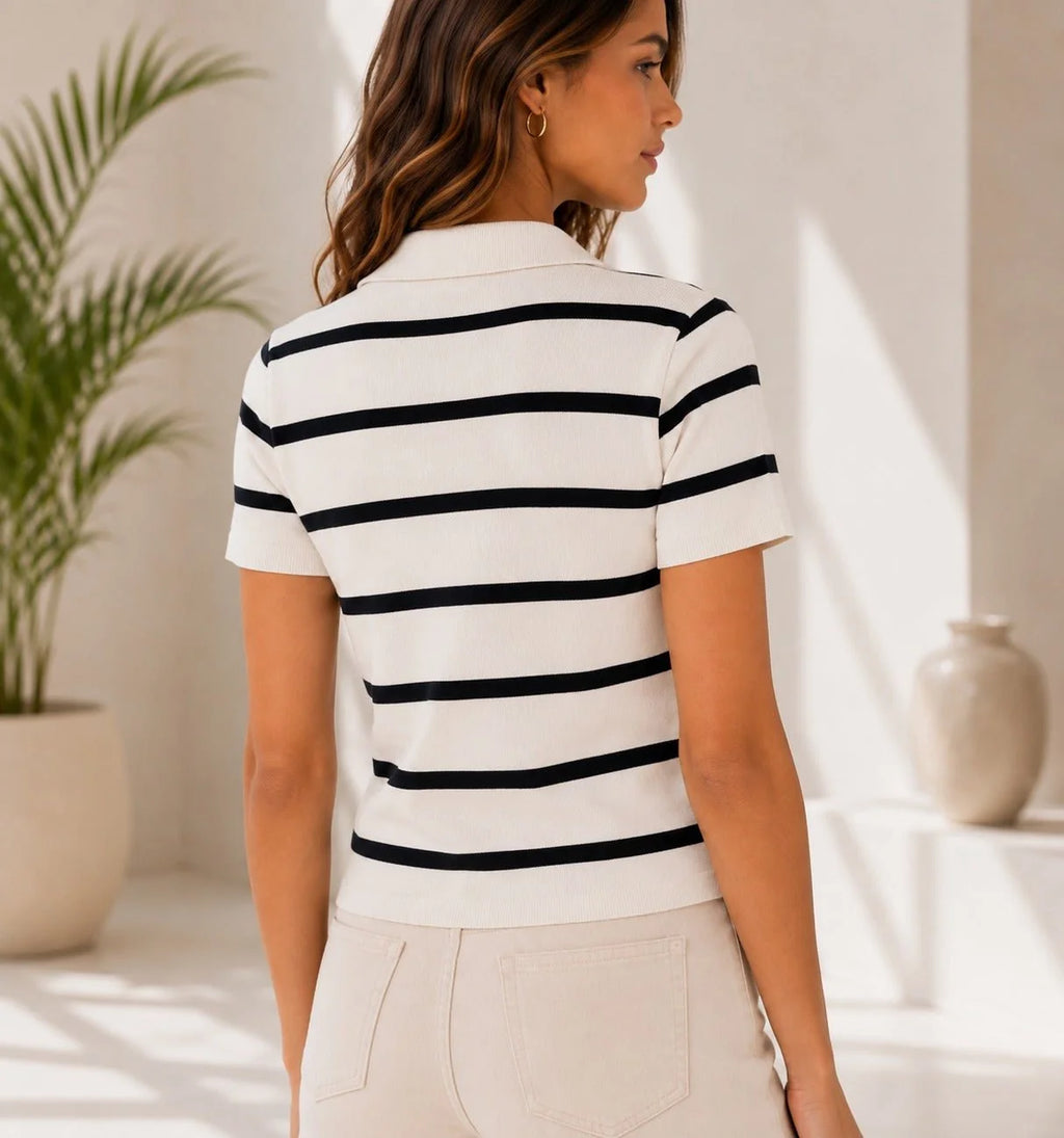 Collar Zip Stripe Top