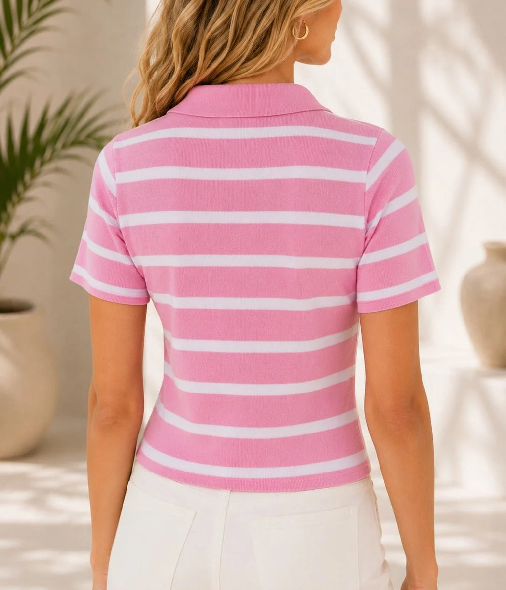 Collar Zip Stripe Top
